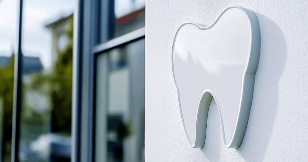 セラミック治療で後悔しないための歯科医院選びをイメージした歯科クリニックの看板