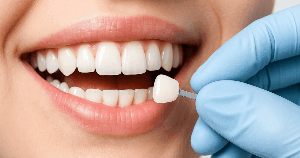 自費診療の審美歯科治療でセラミックの色を確認しているイメージ